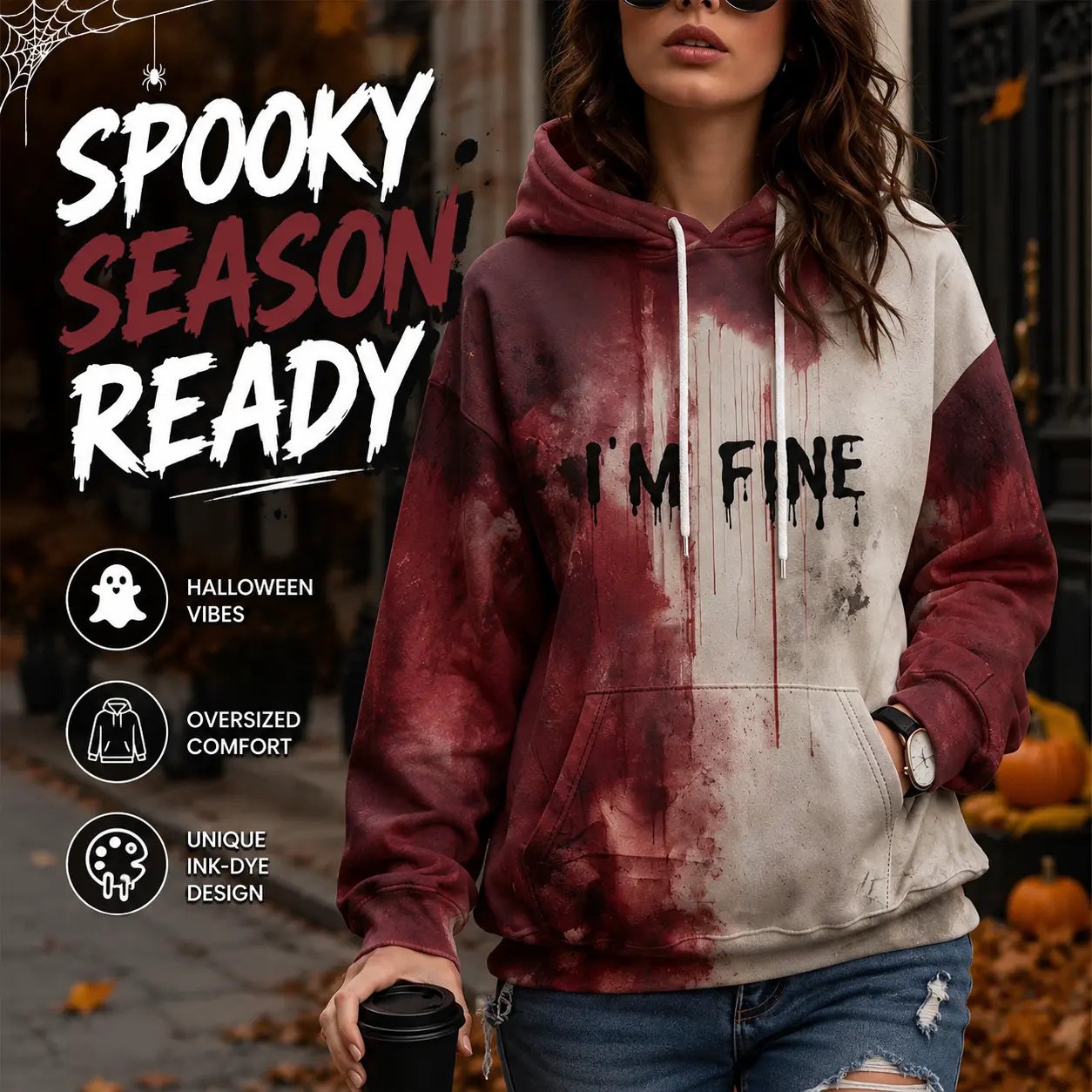 Women’s Halloween Oversized Hoodie – Problem Solved Drip Graphic Tie-Dye Pullover Sweatshirt with Kangaroo Pocket