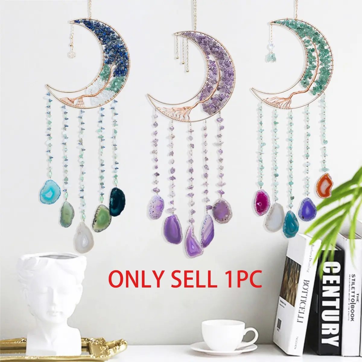Natural Crystal Design Moon Sun Catcher, Agate Pendant Wind Chime Dream Catcher, Tassels Pendant Decor, Colorful Crystal Prism, Wall Hanging Design, Home Hanging Decoration, Home Decor, for Decorating Garden, Patio, Gift For Indoor and Outdoor Use
