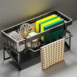 Black Double Layer Kitchen Sink Caddy - Drainage Design with Removable Towel Bar, Countertop Organizer for Sponges, Brushes & Cleaning Tools  accessories