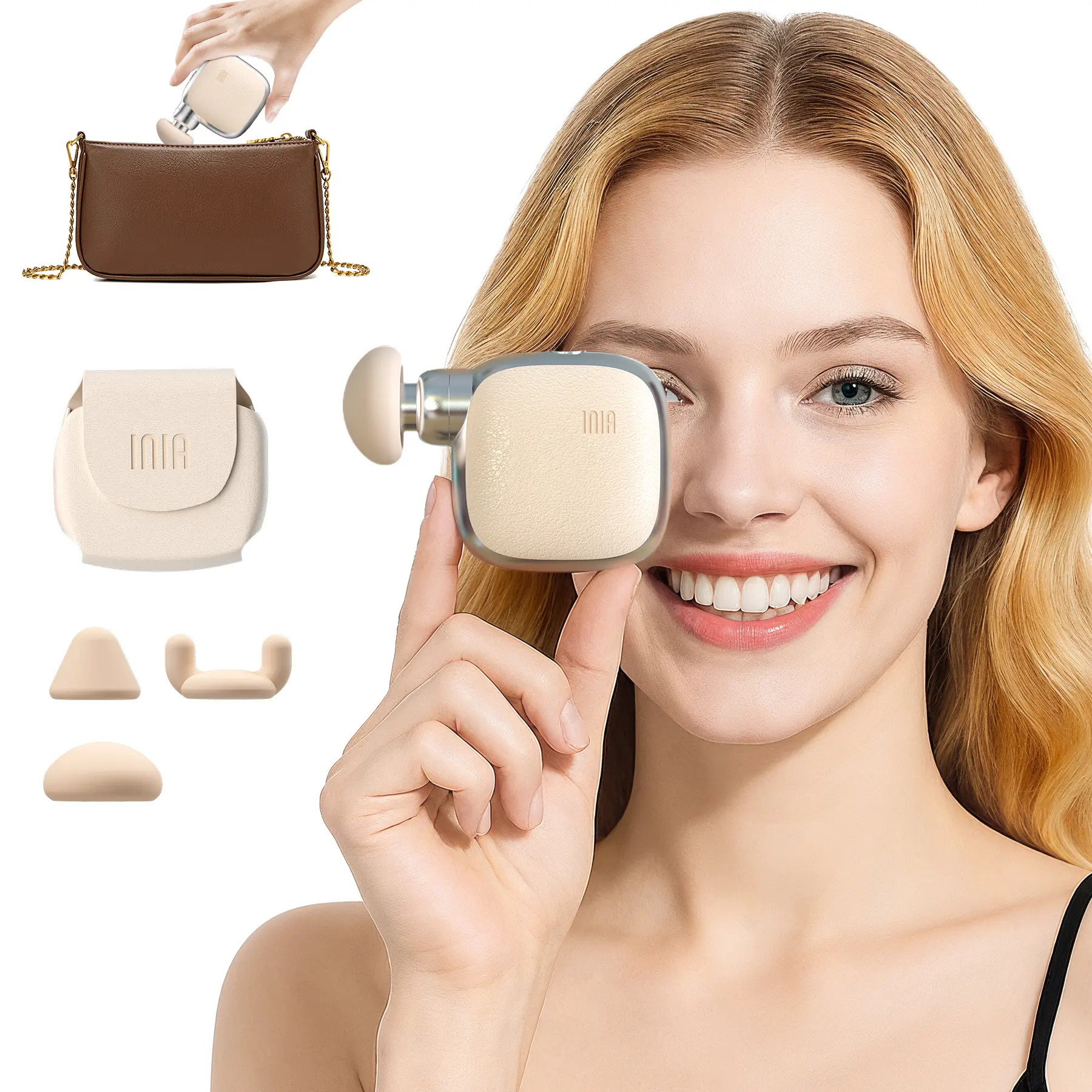 INIA PocketForce Palm-Sized Massage Gun - Portable Deep Tissue Battery-Powered Wireless Massage Device, 3000 Percussions/Min, 7mm Stroke Depth, 10 lbs Force, <48dB Ultra-Quiet, 3 Heads, 4 Speeds, USB Rechargeable Travel Gift Set, Battery-Powered Wireless,