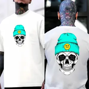 Mint Green Beanie Double-Sided Skull Print T-Shirt Unisex Y2K Streetwear Casual Cotton Top Soft Stylish Outfit for Men & Women - Jeans, Womenswear