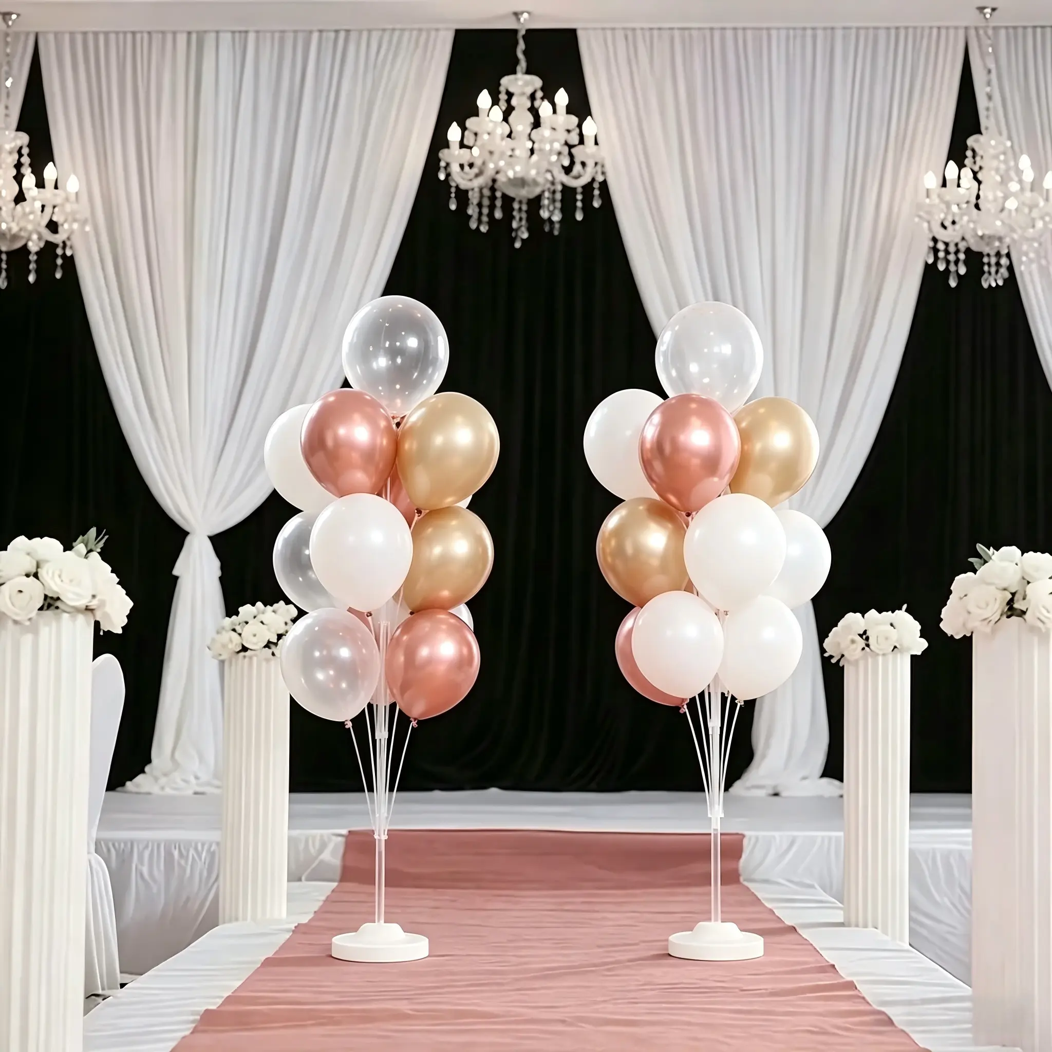 High-top balloon stand set with water-filled base (includes 24 balloons). Featuring large reusable plastic column bases, it is ideal for decorations at weddings, New Year celebrations, Valentine's Day parties and balloon arch arrangements.