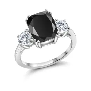 3.39 Cttw Black Onyx and White Moissanite 3-Stone Ring For Women | 925 Sterling Silver | Cushion Cut 10X8MM and Round 4.5MM | Wedding Engagement Anniversary Promise Ring