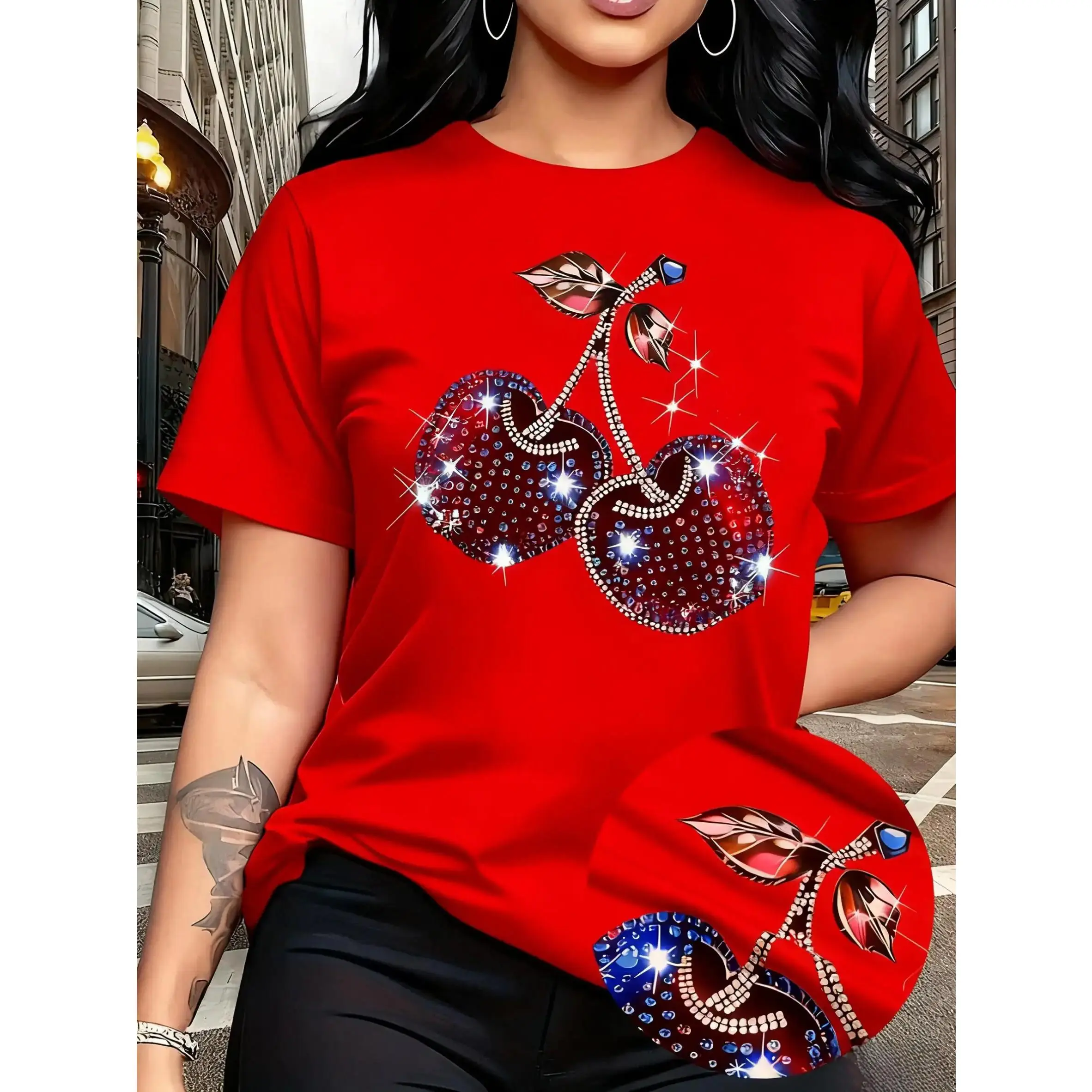 Women's 100% Cotton Smooth Shortsleeve T-Shirt - Glamorous Red, Sexy Sparkly Rhinestone Cherry Graphic Fabric, Basic Fit, Unisex-Friendly for Parties, Casual Dates, Tshirt, Printed, Tops For Women, Boat Neck, Shirts For Women