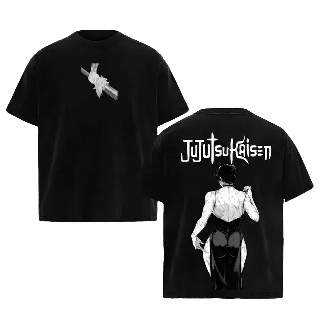 Jujutsu Kaisen Maki Zenin Figure Print Men's Oversized Cotton Crew Neck Short-Sleeve T-Shirt - Heavyweight, Double-Printed, Vintage Washed, Unisex Streetwear Casual Top