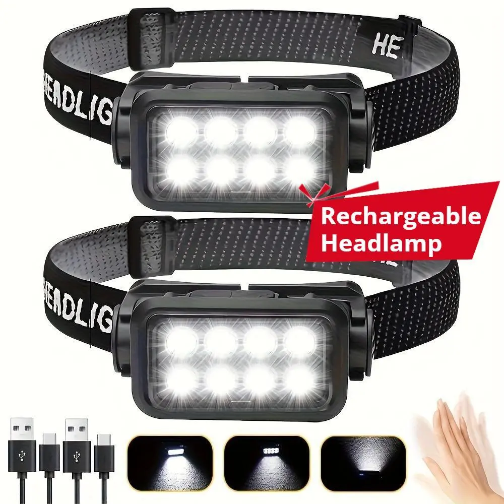 Rechargeable Headlamp Flashlight 2-Pack, 8-LED 2500-Lumen Ultra-Bright Lightweight Headlight With Motion Sensor, Waterproof Light For Adults, Ideal For Outdoor Camping Running