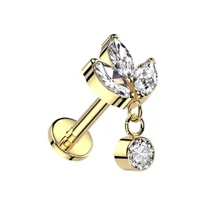 Internally Threaded Triple CZ Crystal Marquise with Dangling Gem Flat Back Stud - ASTM F-136 Implant Grade Titanium