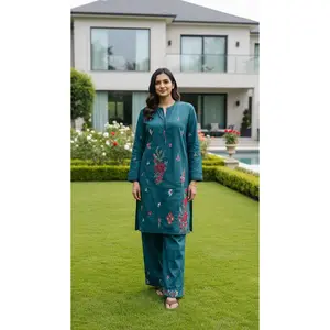 Amina Kurta Set – Teal Embroidered Kurta with Matching Pants