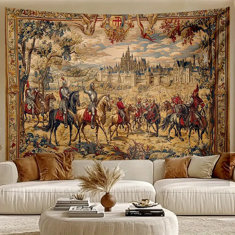 1pc Medieval Scene Woven Tapestry - Rectangular Vintage Wall Decor, Polyester Fabric with Armored Warriors, Horses, Ornate Architecture, Multi-Size, Perfect for Bedroom & Office Decor, Indoors