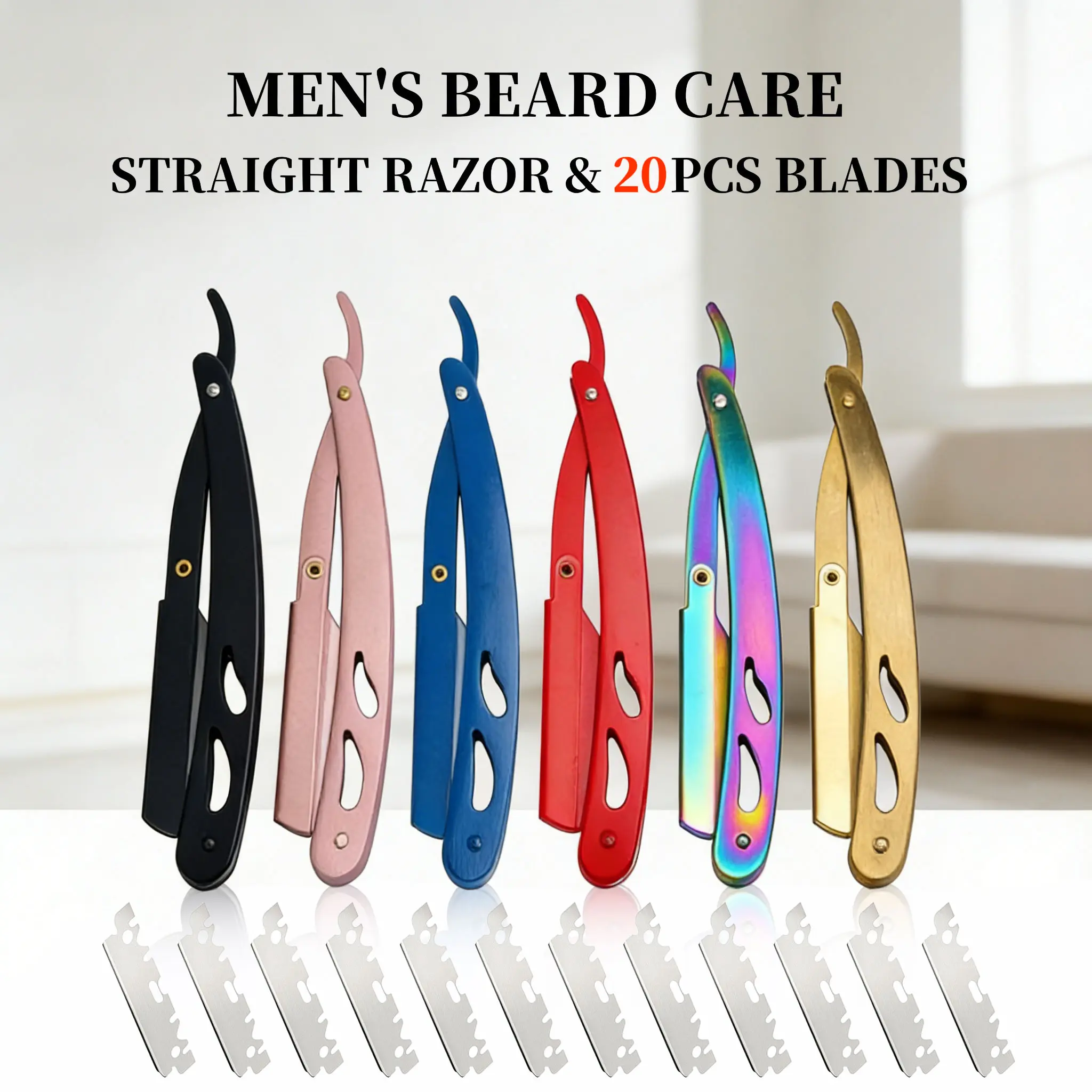Professional Men's Shaver, Straight Razors, Stainless Steel Edge Barber Handle Razor with 20 Replaceable Blades, Manual Beard Shaving Care Tool Handheld Straight Edge metal Razor refills mens having razor Ultra-Thin classic men kit easy replacement smooth