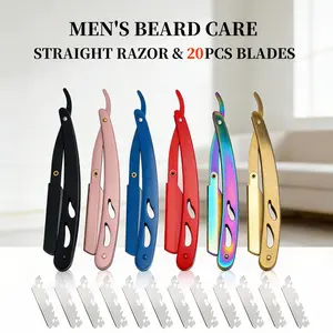 Professional Men's Shaver, Straight Razors, Stainless Steel Edge Barber Handle Razor with 20 Replaceable Blades, Manual Beard Shaving Care Tool Handheld Straight Edge metal Razor refills mens having razor Ultra-Thin classic men kit easy replacement smooth