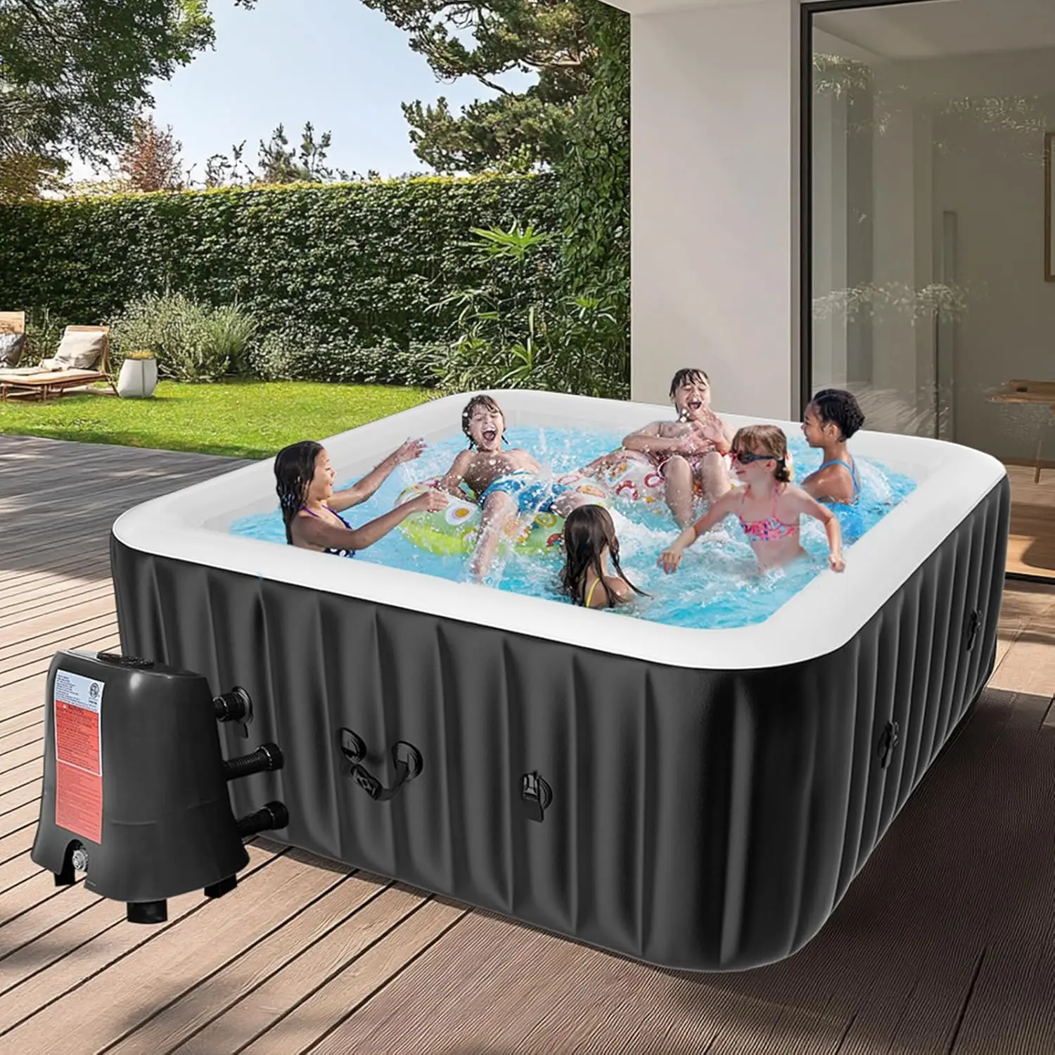 ABORON Inflatable Hot Tub for 4-6 Adults, 73"X73"X25" Portable Square Outdoor Spa with 130 Bubble Jets, Heater Pump, Drop Stitch Walls, Durable PVC, Filter Reminder, 168h Alert, Inflatable Pool, Inflatable Pool Adults, Drop Stitch Walls Handle Rough Use t