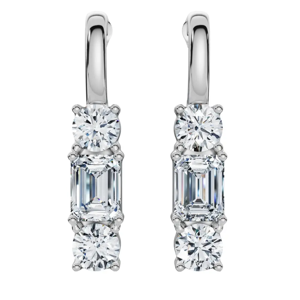 F/VS 6Ct Emerald & Round Cut Diamond Earrings 14k Gold Lab Grown 1 1/3"  Tall