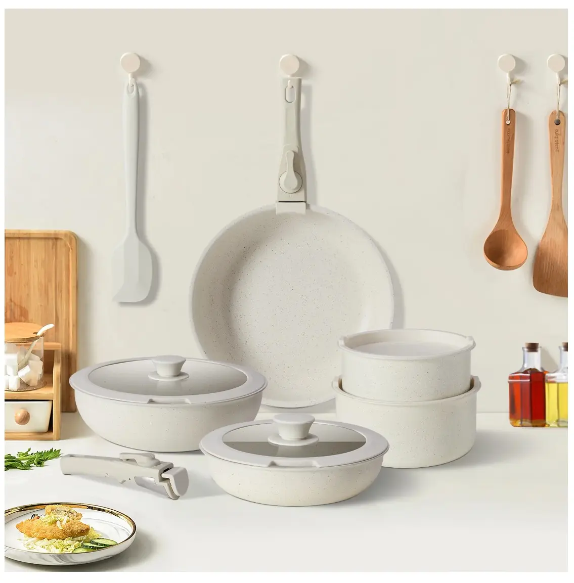 12-Piece Nonstick Pots and Pans Set, With Removable Handle, Induction Cookware, Beige