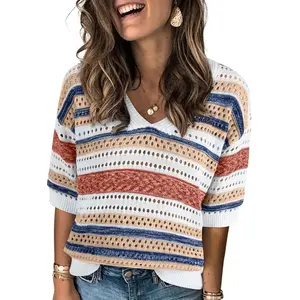 EVALESS Women's Crochet Summer T Shirts V Neck Short Sleeve Loose Fit Striped Hollow Out Knitwear Tops 2026 Casual Beach Vacation Trendy Shirts Springtok Outfits