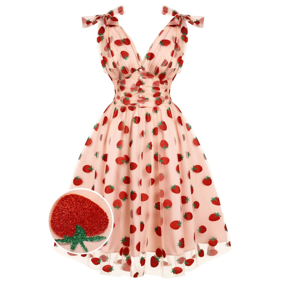 PINK 1950S STRAWBERRY MESH SWING DRESS Casual Elegant Classy Casual Breathable Outfits