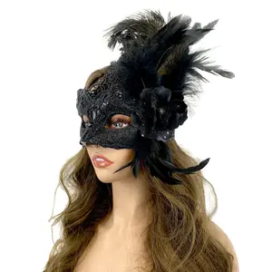 Women Costume Venetian Feather Masquerade Mask For Mardi Gras Party, Halloween, Christmas