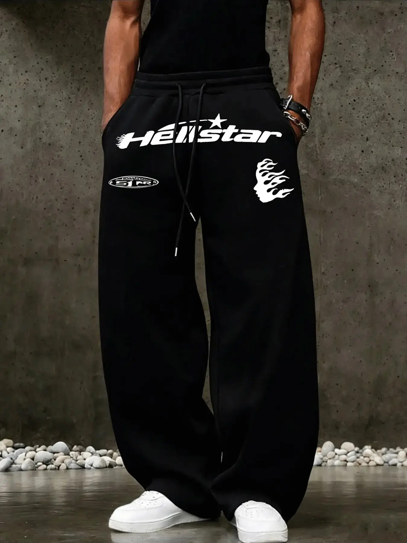 Men's Wide Leg Sweatpants, Adjustable Drawstring Sweatpants, Letter Patched, Drawstring Waist, Loose Fit, Preppy Style, All Seasons, Sports Casual Pants, Athleisure Bottoms, Loose Fitting Sweatpants