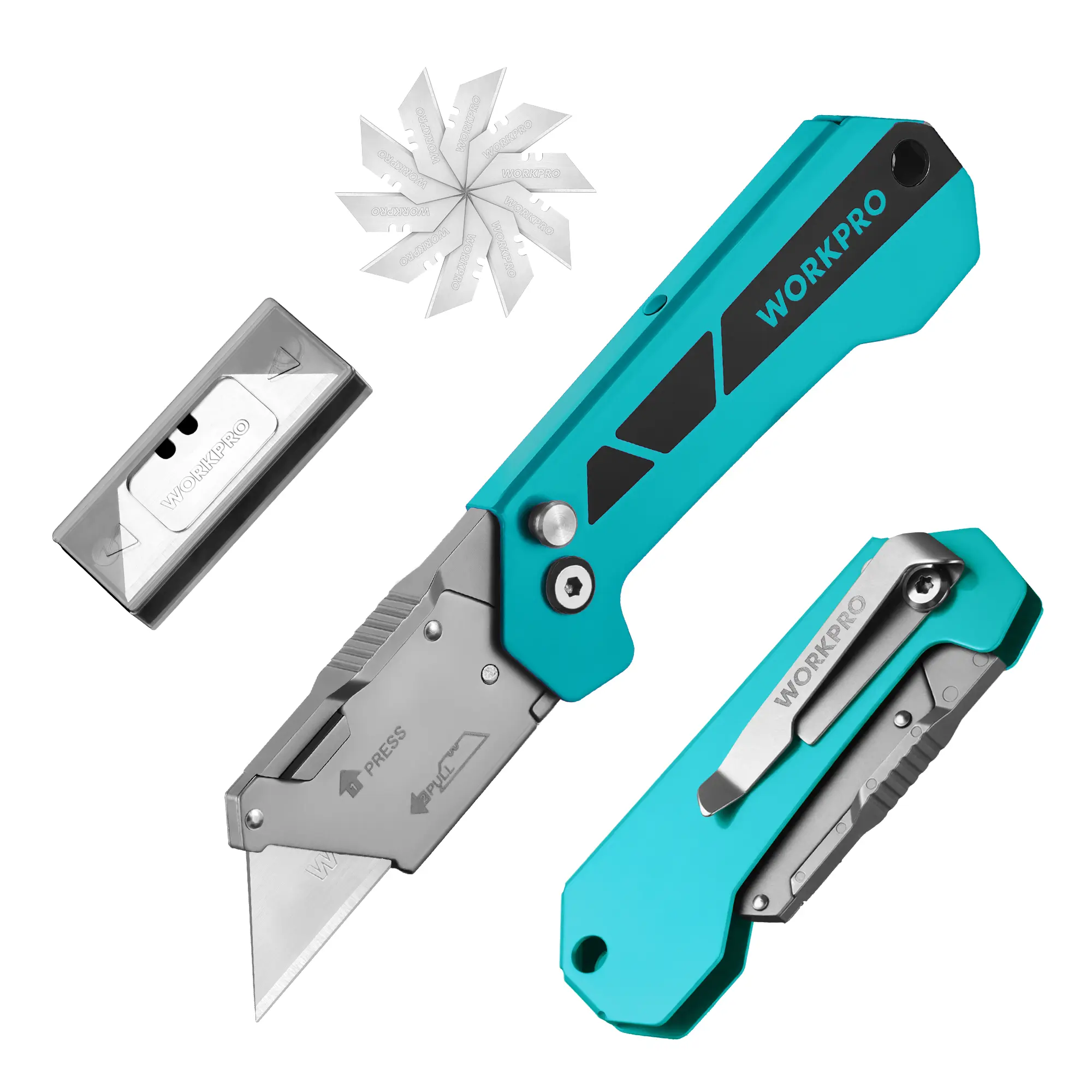 #summersale WORKPRO Box Cutter, Utility Knife Quick Change Blade Razor Knife, Folding Pocket Knife with Belt Clip and Axis Lock, 10 Extra Blades Included, Blue