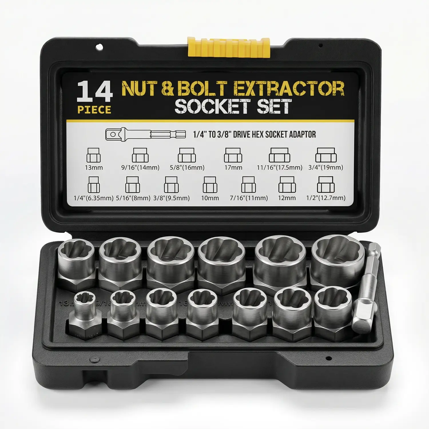 Heavy Duty Bolt Extractor Tool Set, 14-Piece (13+1) Cr-Mo Steel Impact Bolt Nut & Bolt Remover, Mechanic Must-Have Quick Fix Hardware Tools For Damaged, Frozen, Rusted, Stripped, Rounded-Off Bolts, Industrial Power Tool Accessories In Solid Storage Case