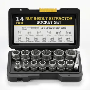 Heavy Duty Bolt Extractor Tool Set, 14-Piece (13+1) Cr-Mo Steel Impact Bolt Nut & Bolt Remover, Mechanic Must-Have Quick Fix Tools For Damaged, Frozen, Rusted, Stripped, Rounded-Off Bolts, Industrial Power Tool Accessories In Solid Storage Case