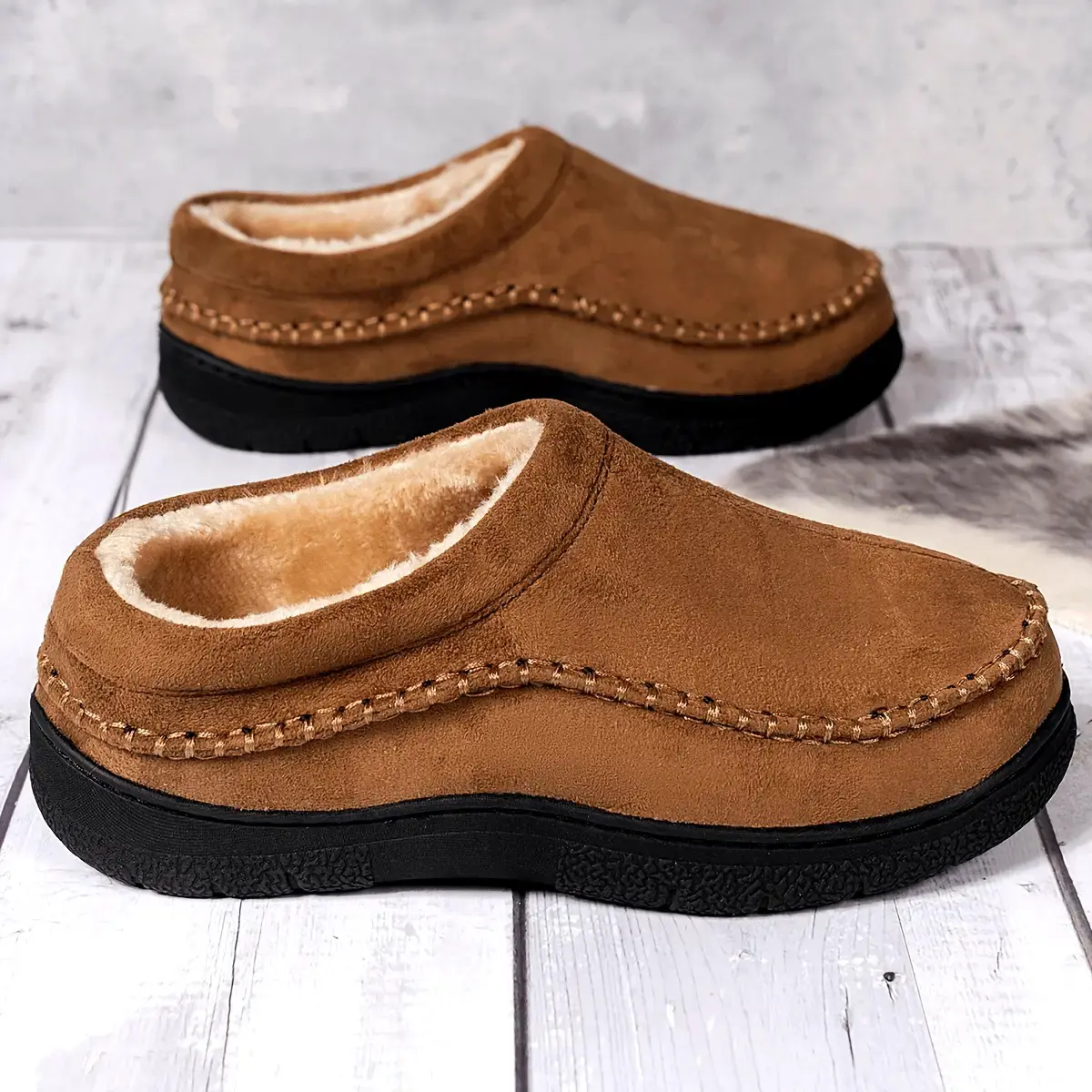 Brand Bdhjydb Men'S Extra Large Slip-On Moccasin Style Winter Slippers |   Thick PU Sole, Soft EVA Upper with Arch Support, Non-Slip Sole for Indoor Use, Warm Brown/Black/Tan, Suitable for Elderly and Cold Floors, Non-Slip Traction
