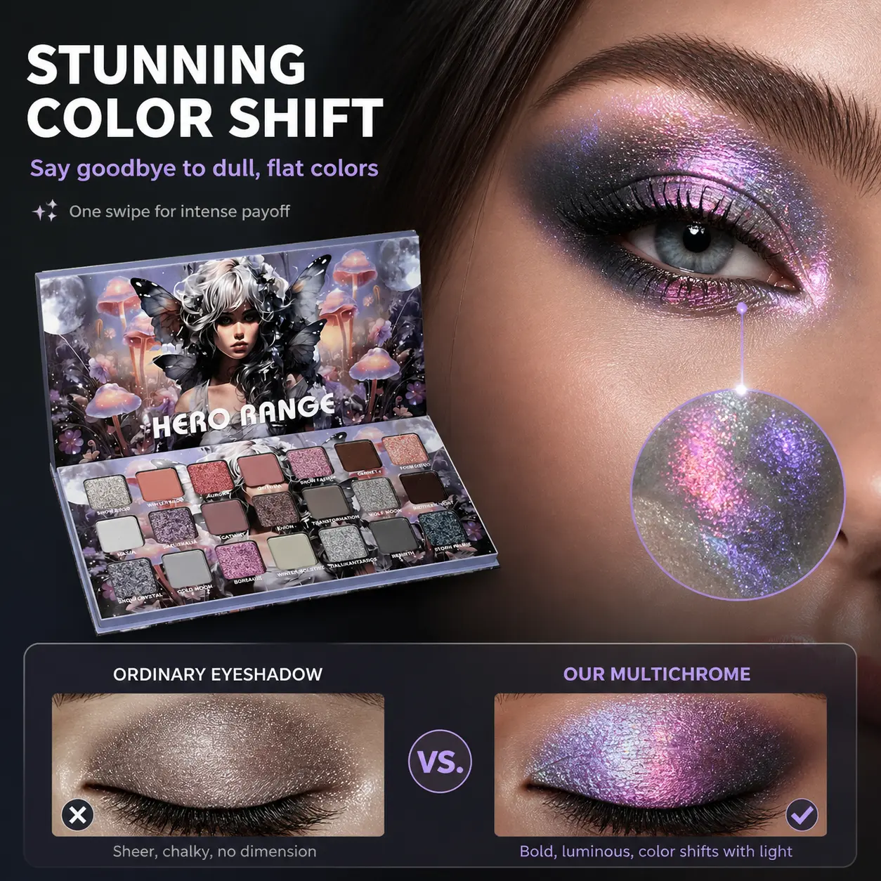 HERORANGE Glitchy Glam 21-Color Eyeshadow Palette, Long-Lasting Hypoallergenic Alcohol-Free Gluten-Free Cosmetic for Adults, Buildable Pigment, Matte/Metallic & Shimmer Finishes, Waterproof, Beginner-Friendly Daily Makeup Gift