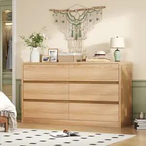 55" Wide Dresser for Bedroom with 6 Drawers, Dressers & Chests of Drawers with Curved Profile Design, 6 Drawer Dresser, Bedroom Dressers, Wood Dressers for Bedroom, Hallway, Natural
