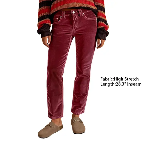 Flamingals Solid Corduroy Mid Waist Straight Leg Pants Womenswear