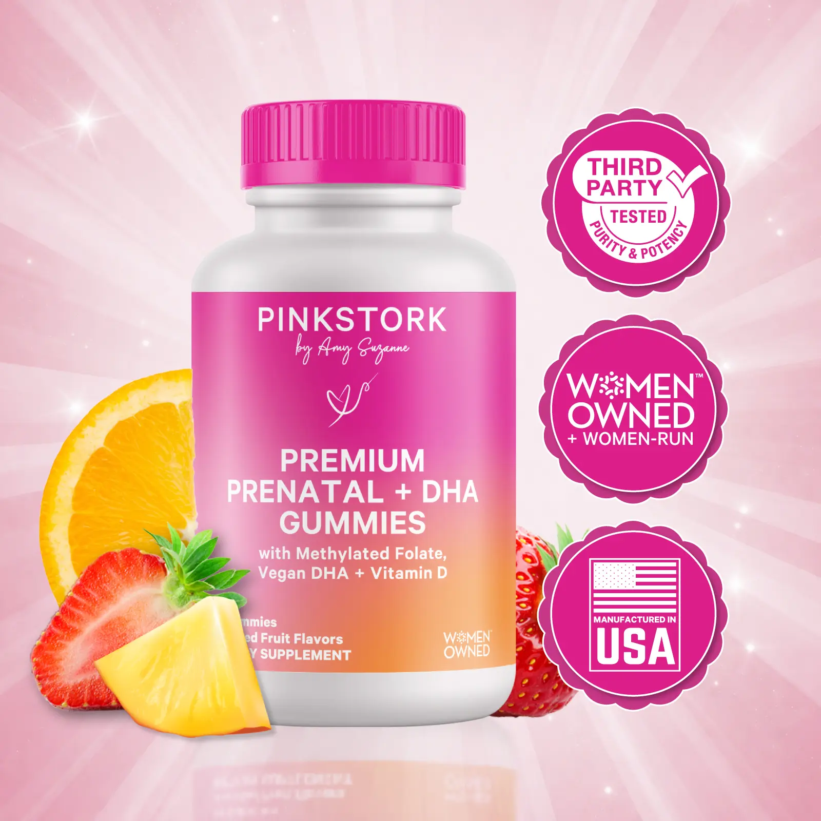 Pink Stork Premium Prenatal Gummy Vitamins for Women - 1 Month Supply with Methylated Folate and Vegan DHA, 60 Gummies, Assorted Fruit Flavors, Plant Based Supplement
