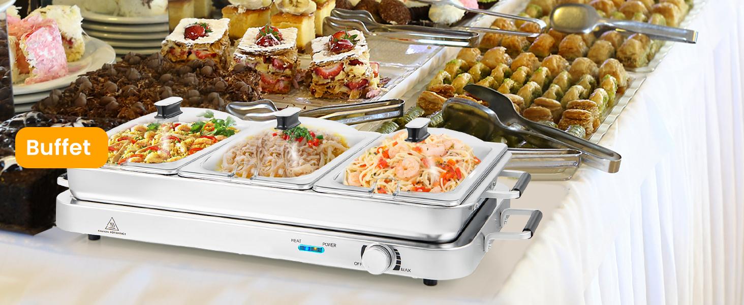 COSTWAY Buffet Servers and Warmers, 2 in 1 Electric Warming Tray, Stainless Steel Chafing Dish with Temperature Control, 3 Serving Trays, 4.5/8 Qt Food Warmers Station for Parties Banquets Events, Dishwasher Safe, Christmas Gift Black Friday Cyber Monday