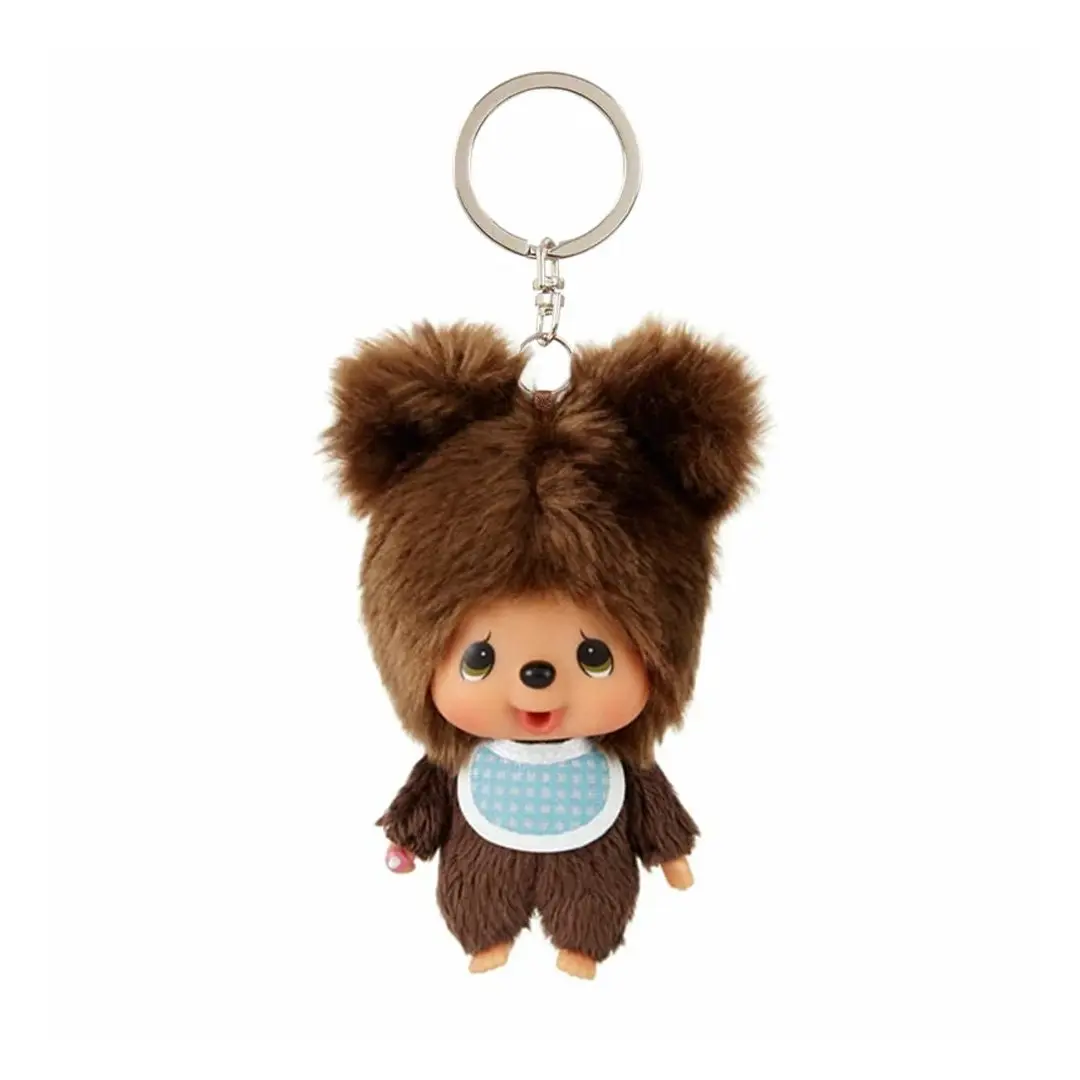 Fuzzy Bear Plush Charm Keychain, 3.5-Inch Kawaii Clip-On Fashion Accessory for Backpacks and Bags, Monchichi, Gingham Bib, Kawaii Accessories