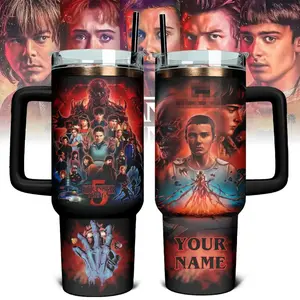 [Stranger Things] Season 5 Eleven & Vecna Tumbler 40oz With Handle Stainless Steel Tumbler, Upside Down Battle Inspired Tumbler, Hawkins Heroes Cup, Iced Coffee Tumbler, Gift for Stranger Things & Sci-Fi Horror Fans