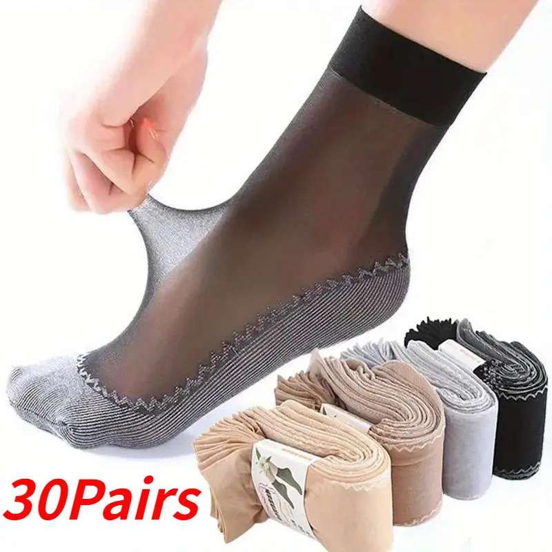 Women's Sheer Ankle Stockings, 30-Pair Pack, Sexy Lace Trim Mesh Fabrics, Breathable with Non-Slip Cotton Bottom, Comfortable, Women's Clothes, Polyester, Socks For Women