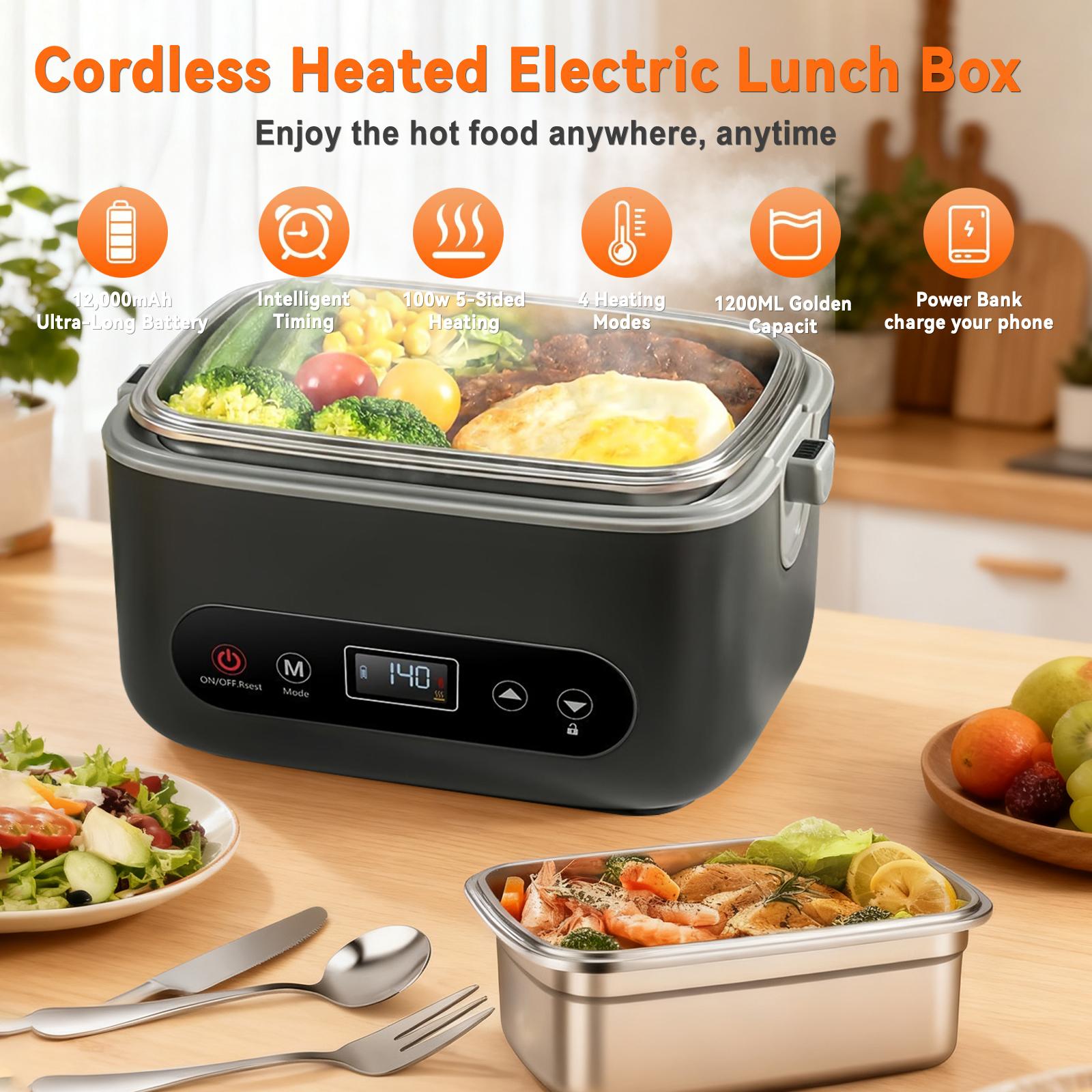 1.2L Heated Lunch Box, 20000mah Rechargeable Portable Food Warmer, 5-Sided Heating, Auto Temp Control, Leak-Proof, BPA-Free, Thermal Lunch Boxesfor Car Truck Office School Picnic Camping Tableware