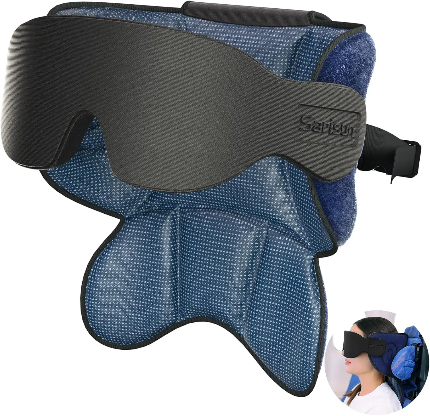 SARISUN Travel Pillow Model 002 - 360° Headrest Support, Eye Mask & Head Pad, Lightweight, Compact, Silky Texture, Stop Bobblehead, Compatible with Airplane Seats with/without Headrest, Budget Airlines suitable