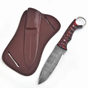 Damascus Steel Fixed Blade Camping Bushcraft Knife with Leather Sheath