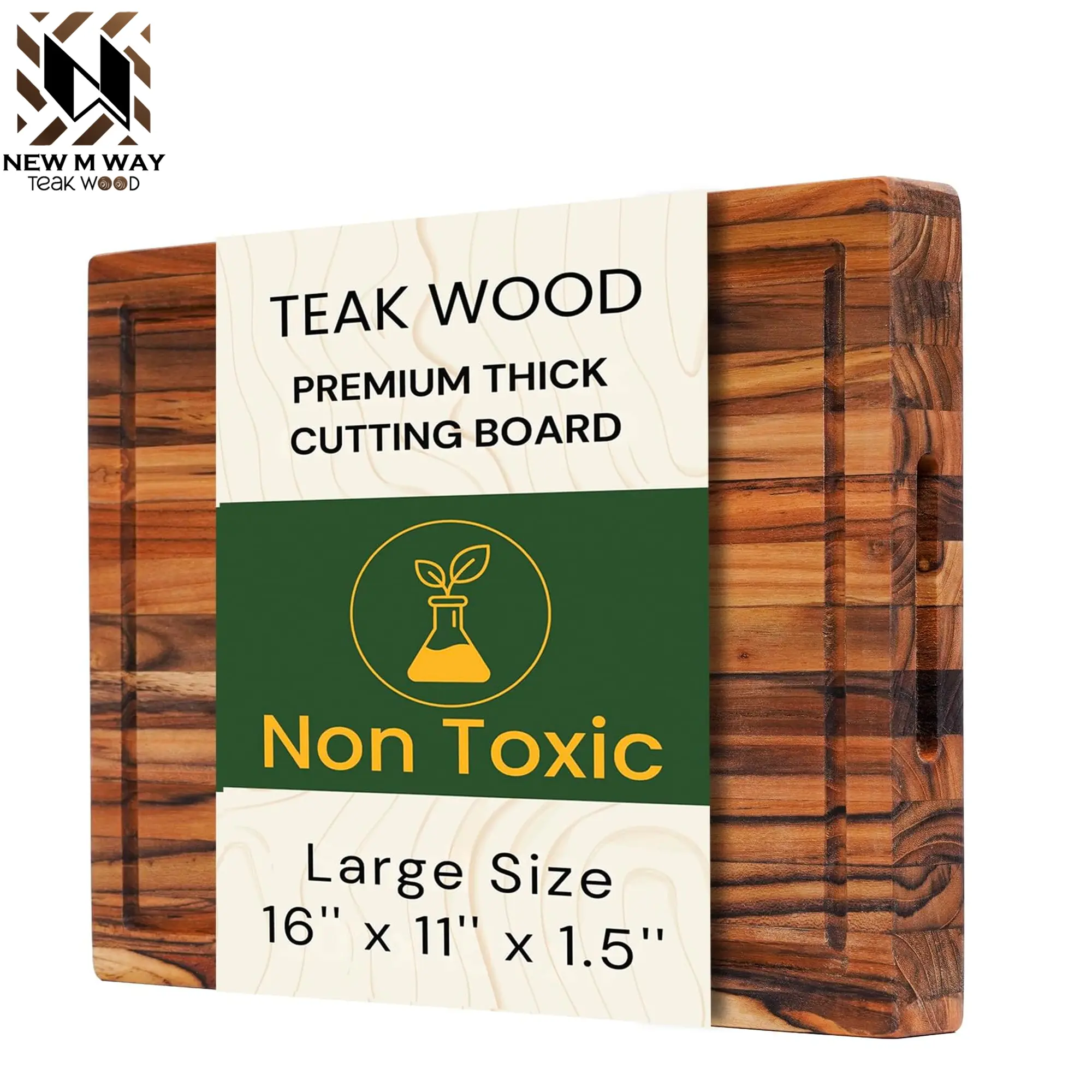 Large Teak Cutting Board 16" x 11" x 1.5" Thick Edge Grain Butcher Block for Meat & Kitchen Prep with Juice Groove and Handle, Solid Hardwood, Non Toxic Wood Cutting Board by New M Way
