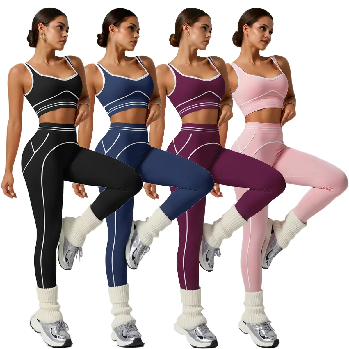 Women's 2-Piece Yoga Set - High Waisted Compression Leggings, Sleeveless Crew Neck Solid Slim Fit Shirt, Medium Stretch Gym Suit, Athletic Stretchable Activewear Fitness Gymwear Workout Casual Sportswear Outfit for Running, Gym