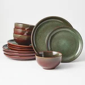 Stoneware Dinnerware Sets Service for 4 or 6, 12/18 pcs Reactive Glaze Plates and Bowls Sets, Handmade Ceramic Dish Set, Highly Chip and Crack Resistant Modern Plate Set