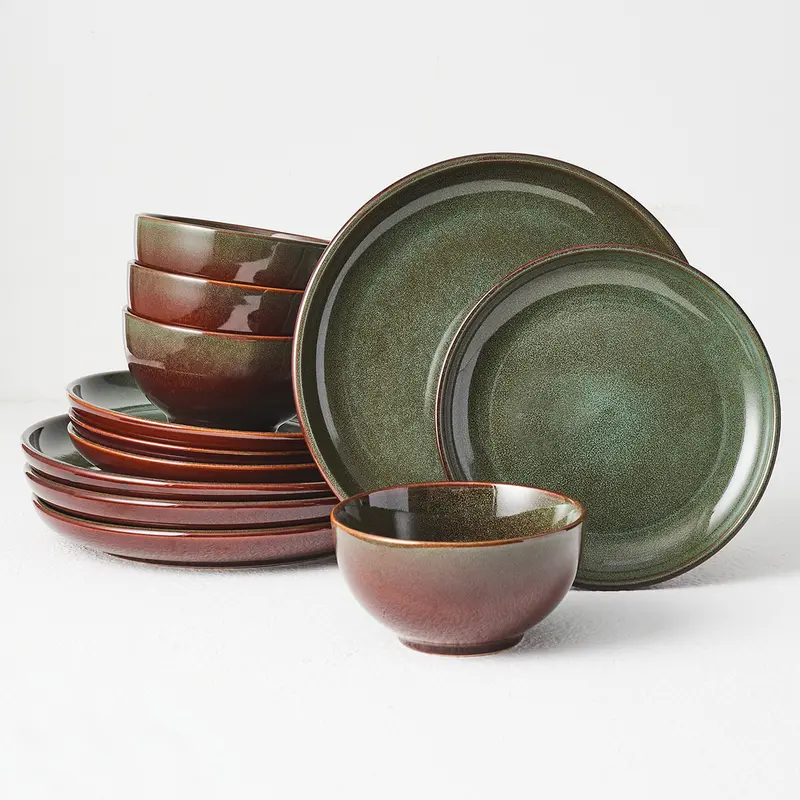 Handmade BPA-Free Ceramic Stoneware Tableware Sets - Service for 4/6, Set of 12/18-Piece, 10/8/5.5in Reactive Glaze, Chip-Resistant, Everyday Modern Home Decor Dishes with Cereal Bowls, Best Choice for Gift