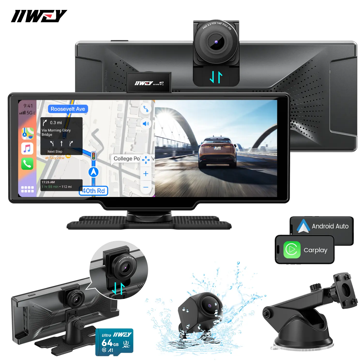 【IIWEY iK7】10-Inch Portable Car Video Player with Wireless CarPlay Screen, 4K Dash Cam, 1080P Backup Camera, Android Auto, 64GB Storage, GPS Navigation, Car Screen Display, Car Video Players