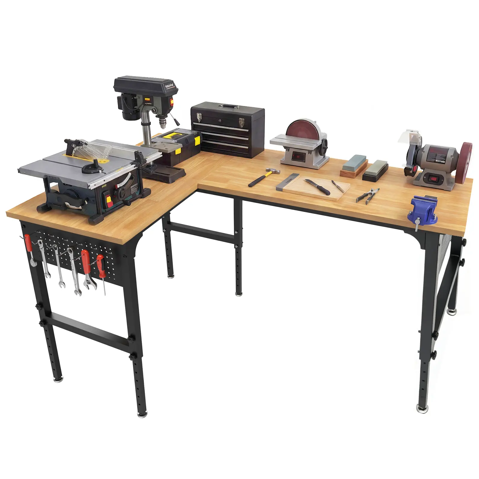 Sturdy Carbon Steel 70"x47" L-Shaped Heavy Duty Work Bench - 3300 LBS Load Capacity, Height-Adjustable via 360° Tool-Free Knob, with Power Outlet & Pegboard, Rubber Wood Top, for Garage, Commercial Space, Assembly Required