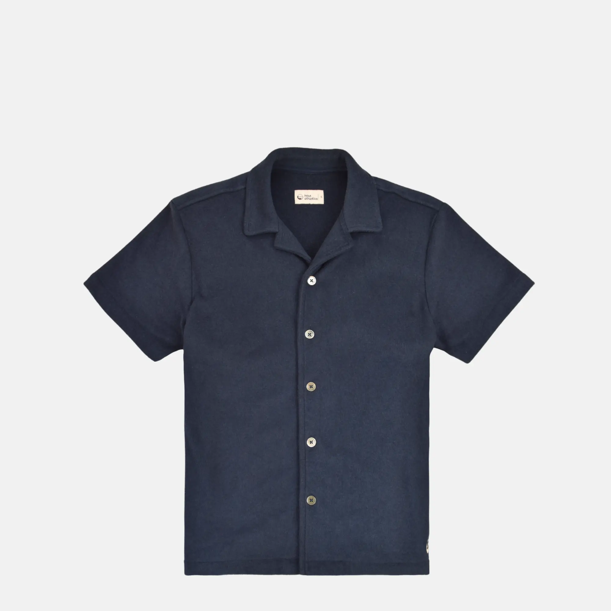 Navy Blue Terry Cabana Shirt for Men - Medium Fit, Casual Tropical Style, Breathable Eco-Friendly Fabric, Button-Up Design