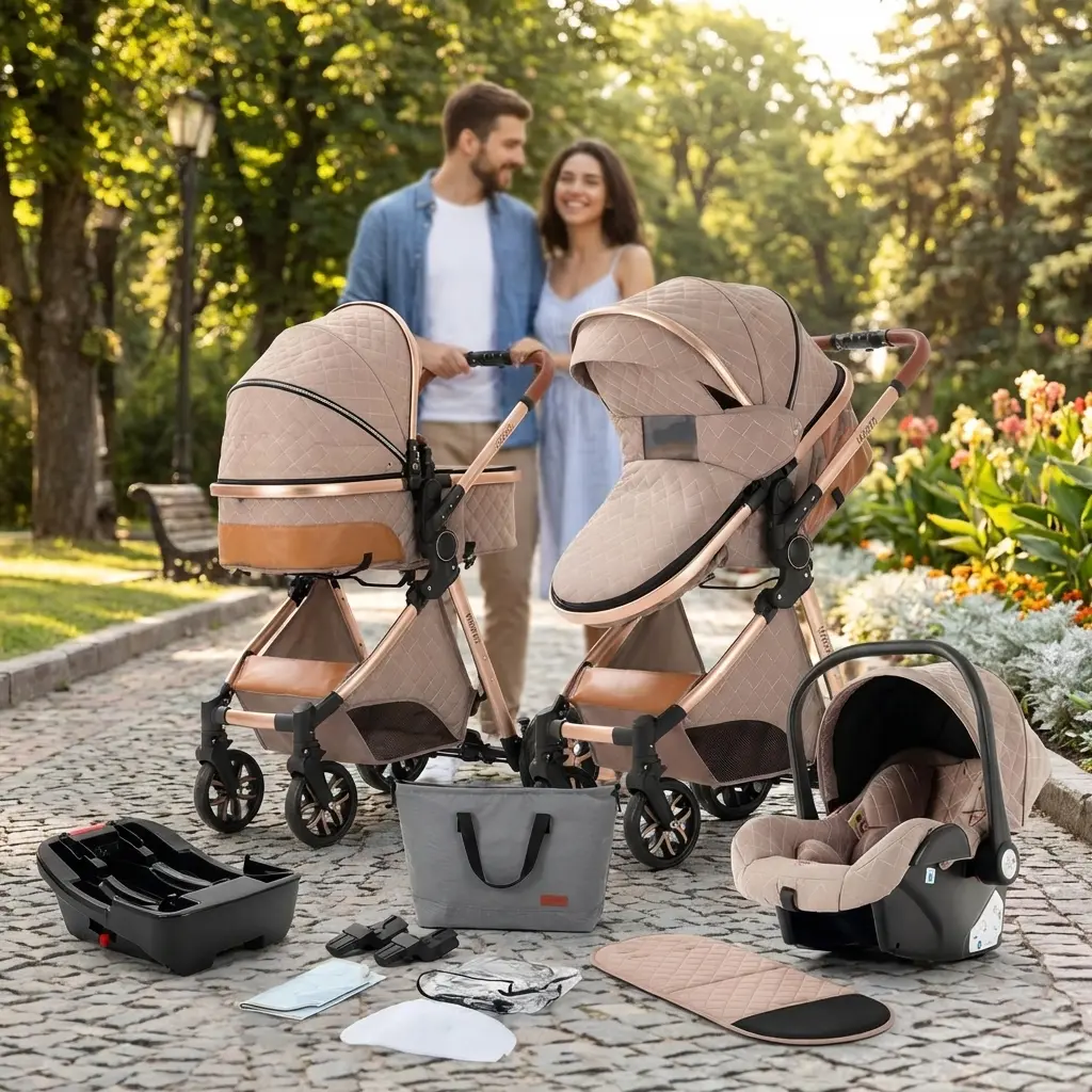 4-in-1 Convertible Baby Stroller Travel System with Car Seat, Bassinet, Toddler Seat, Reversible Push Handle, Adjustable Setup, Shock-Absorbing Wheels for Daily Walks, Travel, Vintage Toy Arch