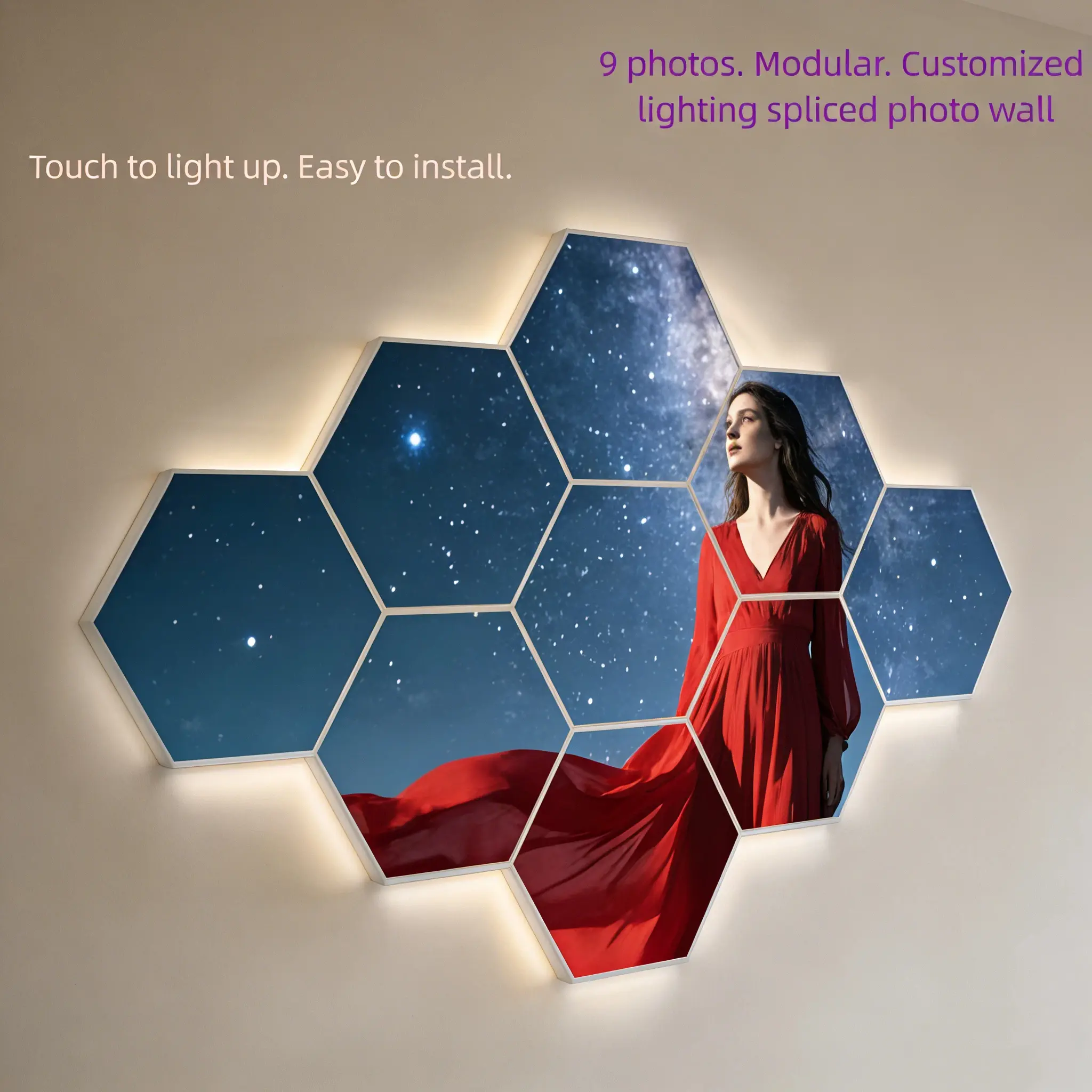 Customizable Hexagonal LED Wall Lamp with 6 Independent Panels, Adjustable Hexagonal Template, Smooth Slide Touch Control Switch, USB-Powered Modular DIY Photo Lamp for Indoor Gamers’ Bedroom & Company Front Desk Decor