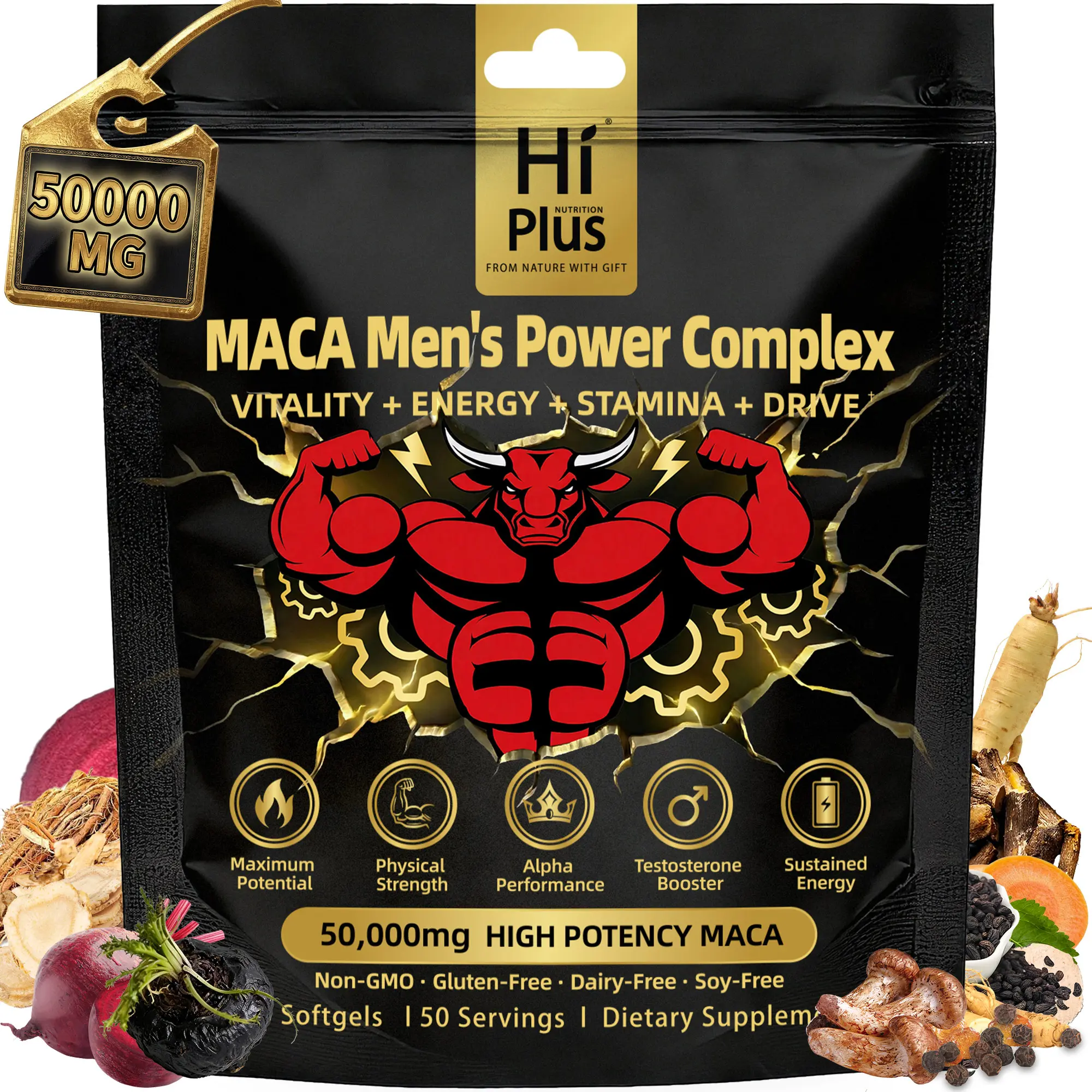 HiPlus Men‘s Testosterone Boosters Power Complex Support  with Shilajit,Maca,Ashwagandha & Ginseng | Energy, Stamina & Focus - Supports Testosterone 150 Softgels SummerVibes