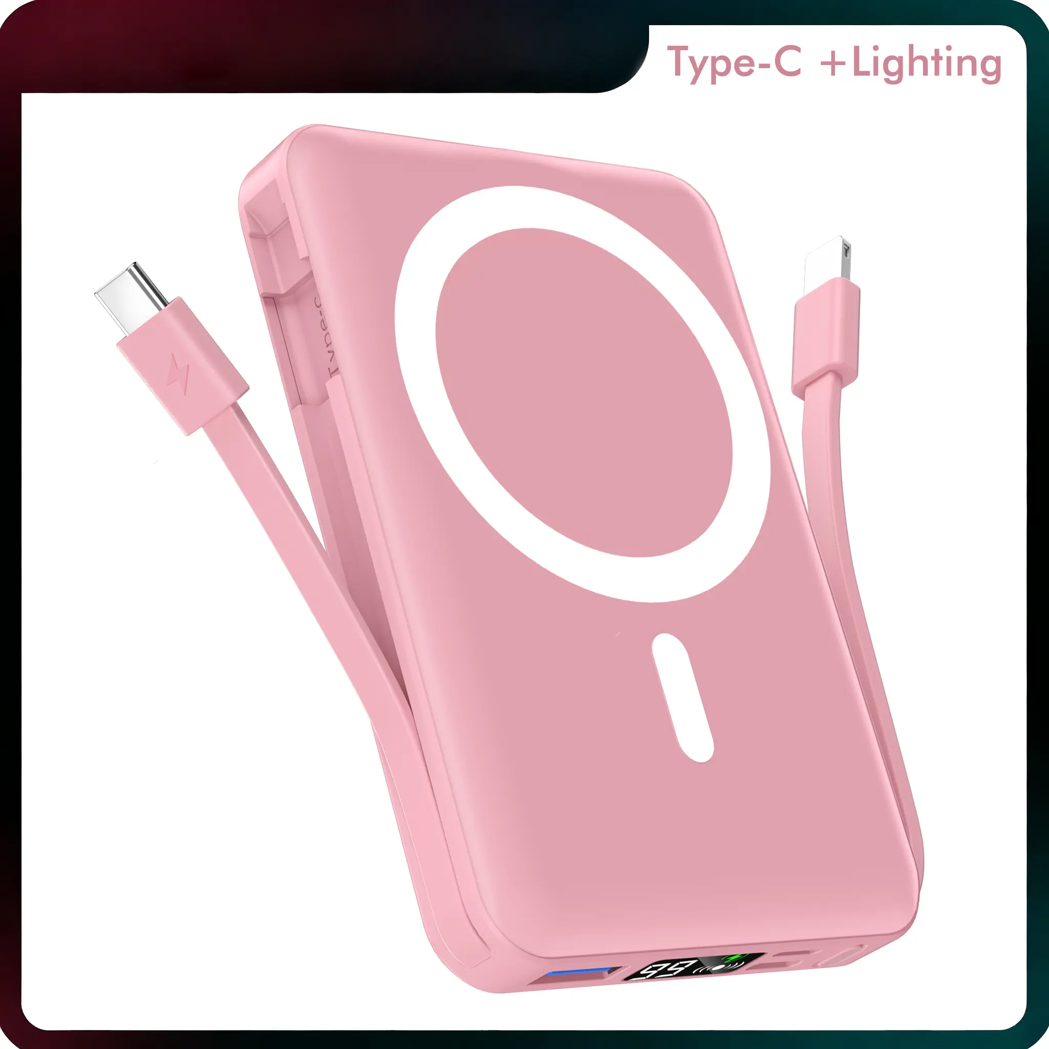Podoru 10000mAh Compact Magnetic Fast Charge 3-in-1 Power Bank Charger - Digital Silicone Wireless Charger with LED Display, Dual USB-C & Lightning Cables, USB Output, Travel-Ready Backup Power for iPhone 12-17Series Back-to-School Essentials