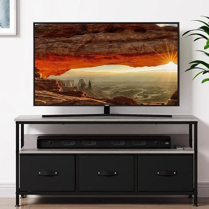 Gaomon Oak-Look MDF Wood TV Stand with Metal Legs - 120x30x57cm Lowboard Sideboard HiFi Cabinet, 3 Drawers and 1 Compartment for Ample Storage