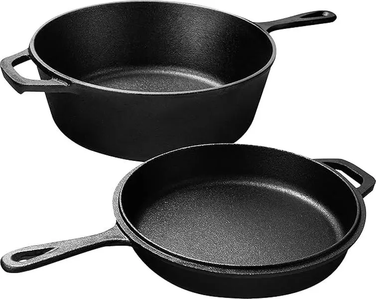 KICHLY Pre-Seasoned Cast Iron Combo Cooker, 3.2 qt Dutch Oven with 10.25 in Skillet Lid, 2-in-1 Cookware Set for Stovetop, Oven & Camping